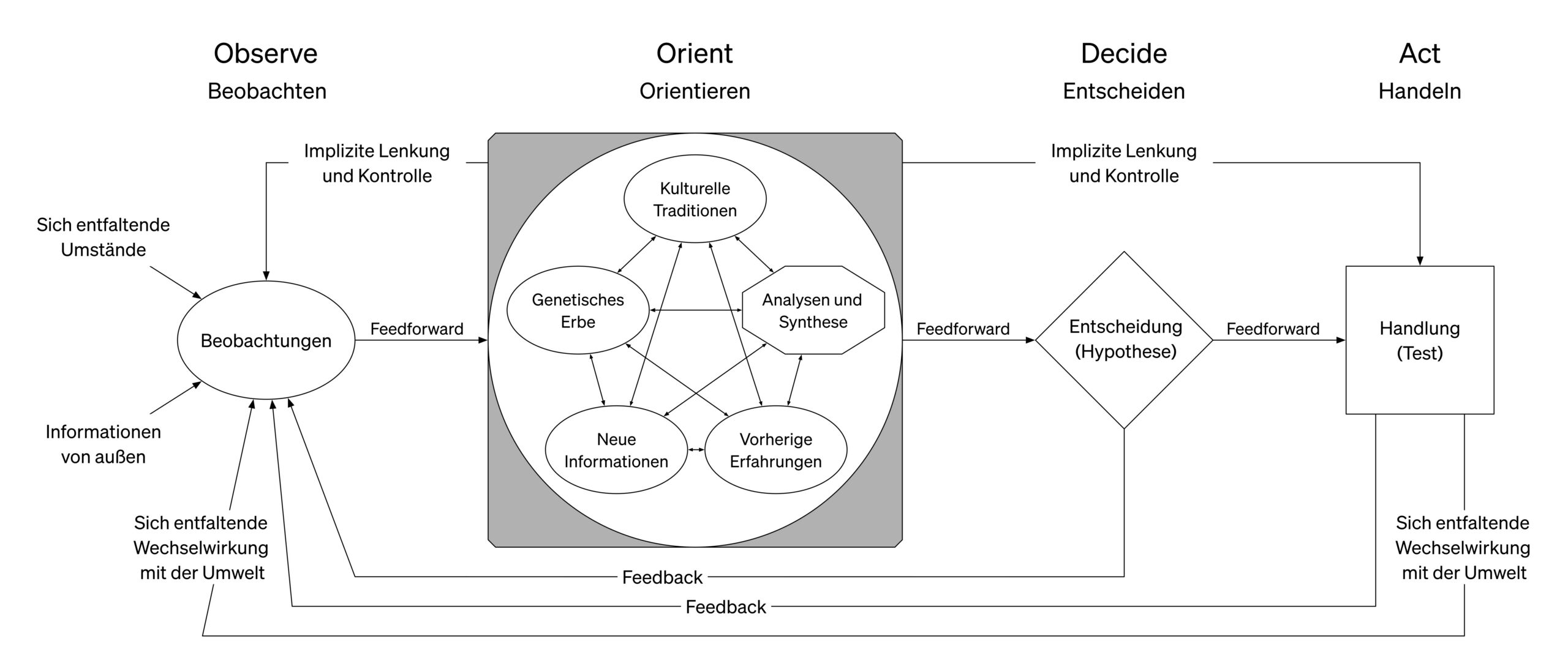 Abbildung 2. Der modifizierte OODA-Loop. (Wiedergegeben nach J. R. Boyd, „Ein Diskurs über Siegen und Verlieren“ („A Discourse on Winning and Losing“), Defense and the National Interest, d-n-i.net, 2001.)